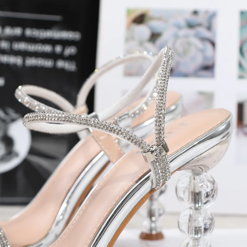 2023 Summer Women 9.5cm High Heels Shiny Rhinestone Sandals Lady Crystal Glass Strange Heels Sandles Wedding Bridal Silver Shoes