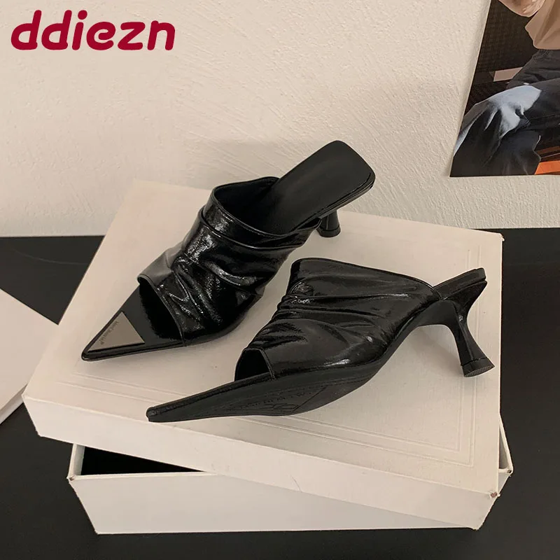 

Female Slip On Footwear Shallow Ladies Medium Heels Shoes Fashion Pointed Toe Women Thin Heels Pumps Slides Sandals Shoes