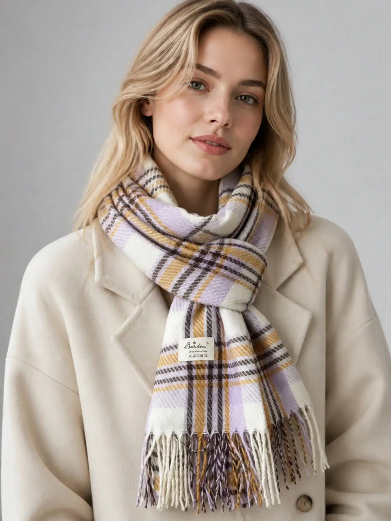 Plaid Tassel Scarf For Women, Fall Winter Soft Warm Neck Scarf, Vintage Purple Yellow Checkered Wrap Shawl Casual Daily Accessory