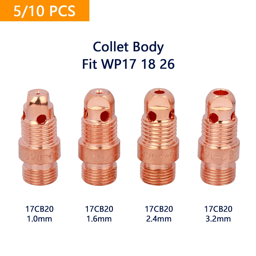 5/10Pcs 1.0mm 1.6mm 2.4mm 3.2mm TIG Collet Body Stubby 17CB20 For TIG WP17 WP18 WP26 Welding Torch Accessories