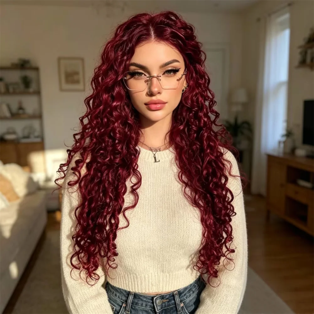 

Soft 26 Inch 99j Kinky Curly Long hair 13x4x1 Lace Front Wig For Women With Baby Hair Synthetic Preplucked Glueless Daily