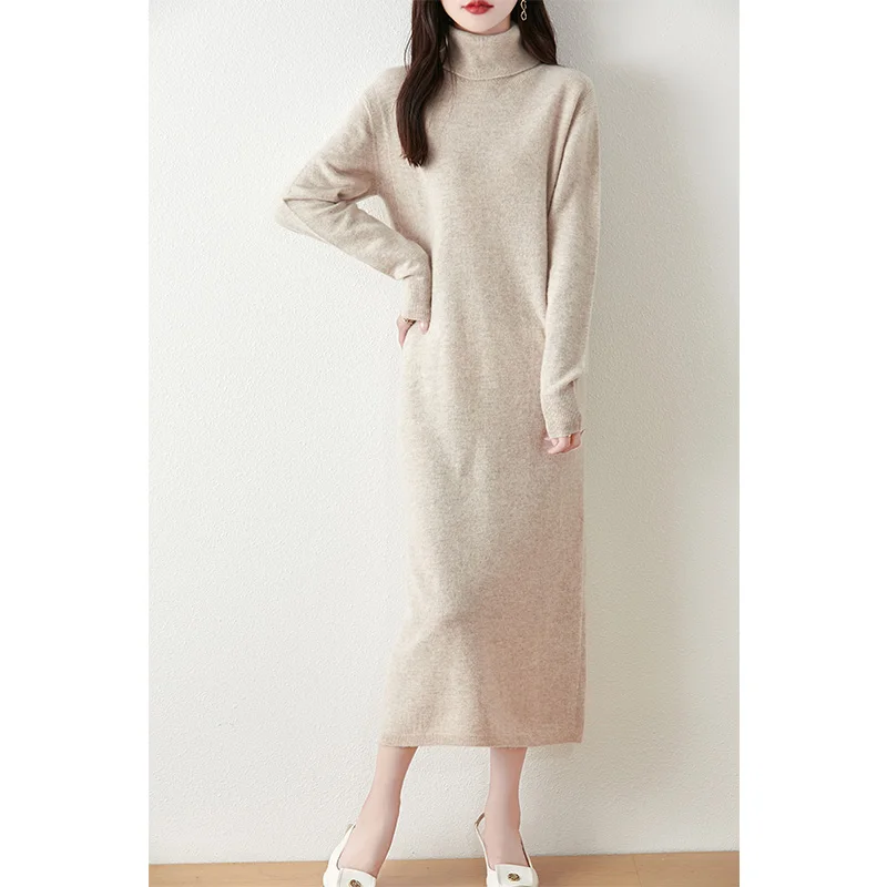 Cashmere Turtleneck Loose Women Dresses 100% Wool Knitted Jumpers 2024 Autumn/Winter New Fashion Long Dresses Female Pullovers