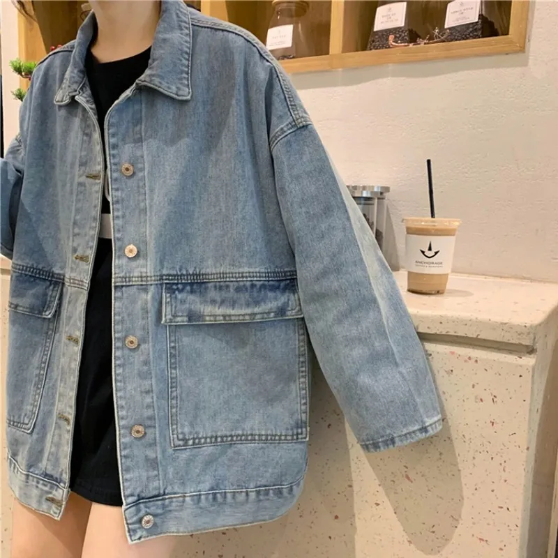 Denim coat Women Retro Hong Kong Flavor Spring and Autumn Plus size Chubby Girl Korean Sle BF Sle Loose Slimming Versatil