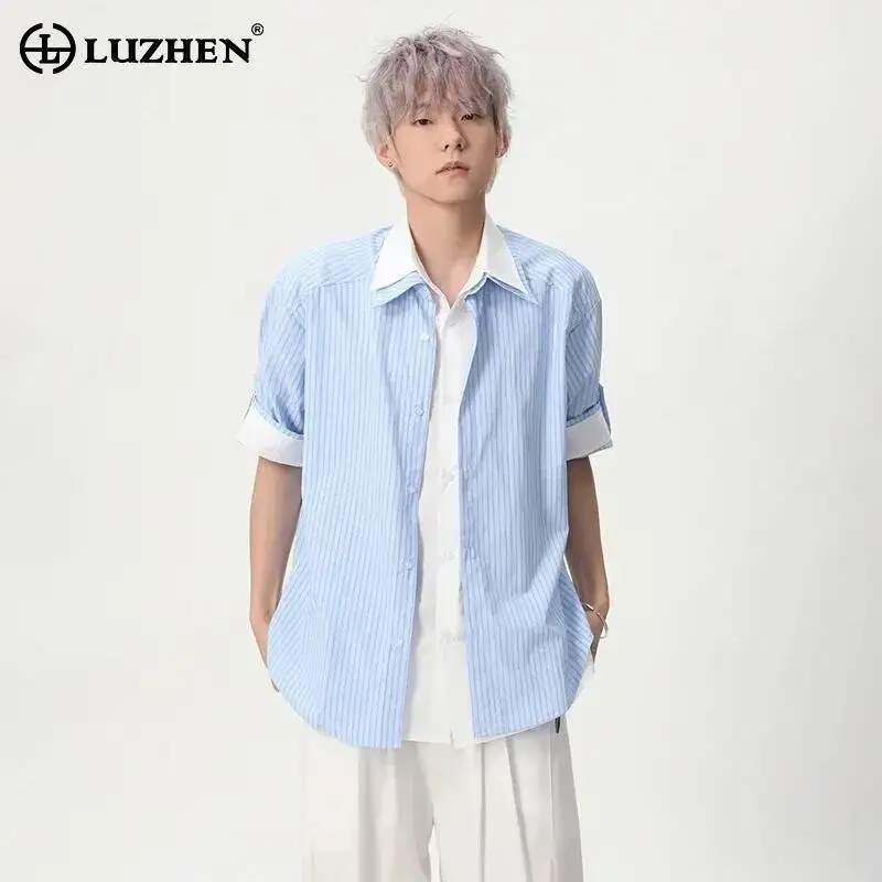 

LUZHEN 2026 Summer Double Layer Fake Two Piece Design Short Sleeve Shirts Men's Elegant Handsome Stripe Printed Male Tops JY7201