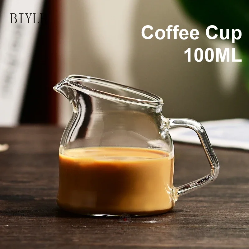 100ML Mini Glass Coffee Cup with Handle Transparent Coffee Fancy Pull Flower Small Milk Jug Italian Hand-brewed Coffee Utensils