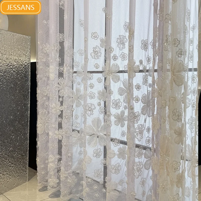 New Nail Bead Embroidery Purple White Window Screen Curtains for Living Room Bedroom French Window Balcony Window Customized