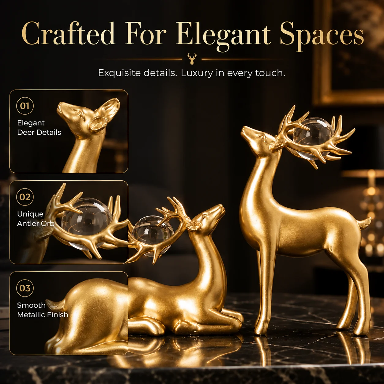 Gold Deer Figurines Couple Resin Statue Nordic Home Decor Luxury Tabletop Ornament Living Room Bedroom Shelf Wedding Christmas