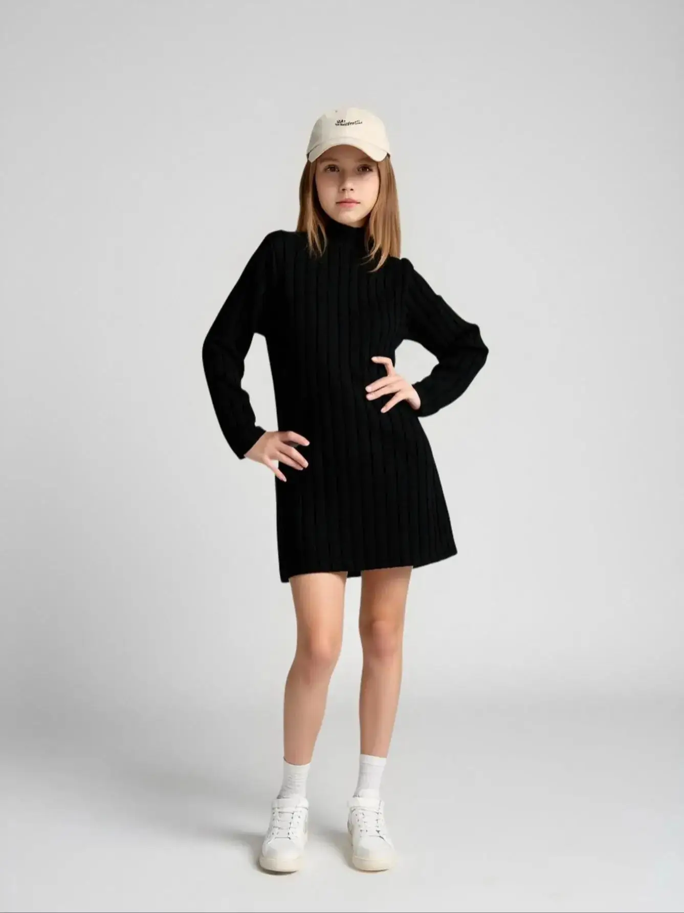 Mädchen Slim Fit Langarm Fleece-Kleid Geripptes Casual Schwarzes Kleid 7-14 Jahre Alt Einteiliges Herbst-Winter Modekleid – Detail 2