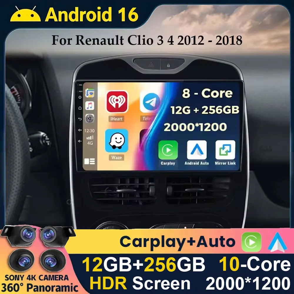 Android 16 Carplay Auto WIFI+4G Car Radio For Renault Clio 3 4 2012 2013 2014 2015 2016 2017 2018 Multimedia Player Stereo DSP