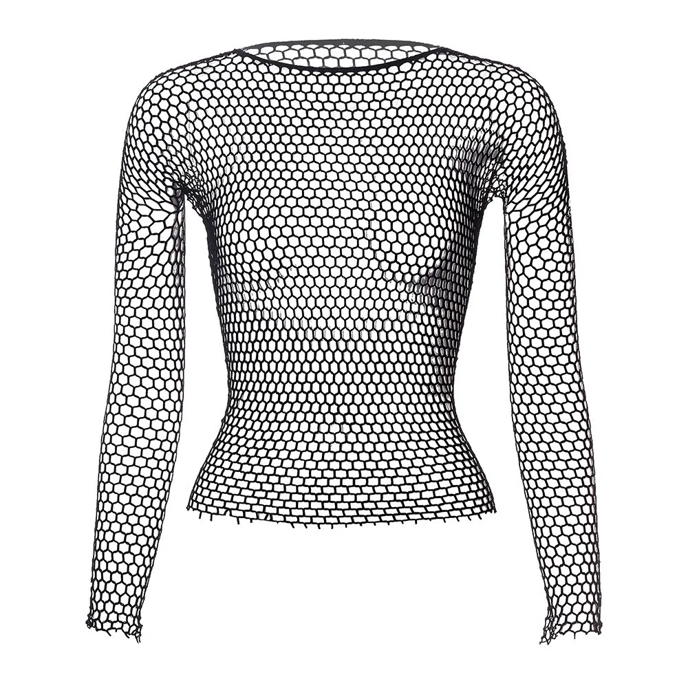 Men Sexy Mesh Stretch Long-Sleeved Leaky Hip Shirt Hollow Underpants Tops Erotic Transparent Breathable Male Crop Top T-shirts