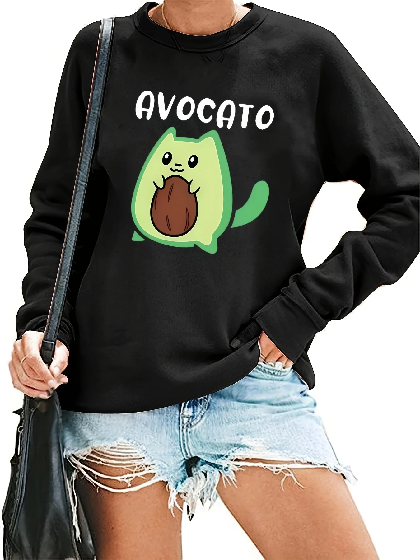 Cute Women's Cat Print Sweatshirt Avado-Black Sweatshirt, Comfortable for Autumn/Winter-Machine Washable Casual Top