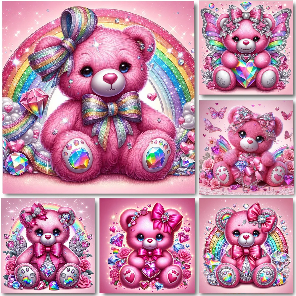 Cartoon Pink Gift Bear 5D Full Round Diamond Painting Kits Cute Valentine's Day Bear DIY Drills Mosaic Embroidery Cross-stitch