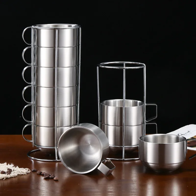 Double-walled Coffee Cup Set 304 Stainless Steel Mugs Coffee Cups Pack 6 Cups Tea Cups Outdoor Heat Insulation Anti-scalding