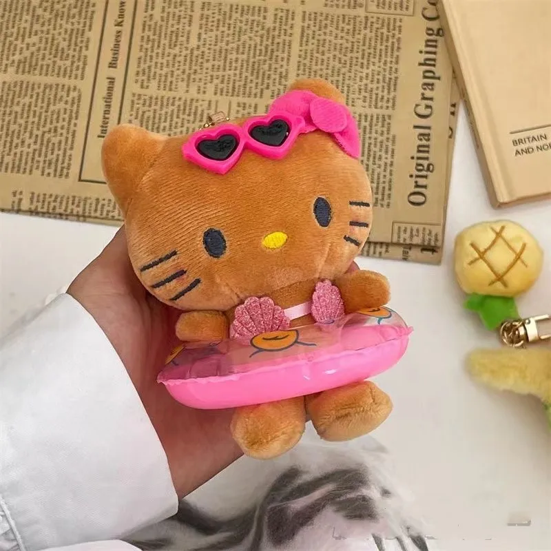 Nuevo Sanrio Anime dibujos animados Hello Kitty llavero de felpa juguetes para niños anillo de natación marrón colgante bolsa colgante muñecas encantadoras juguete regalo para niños