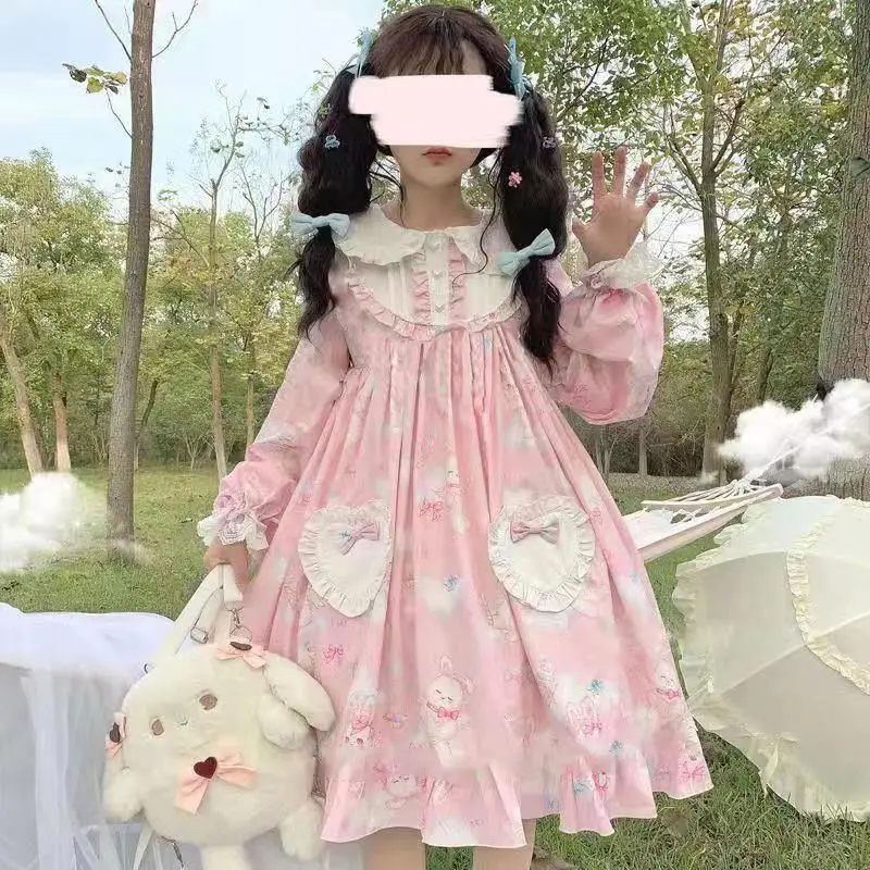 KOSAHIKI New Kawaii Japanese Lolita Vintage Dress Lamb Printing   Women Soft Girl Style Cute Princess Lace