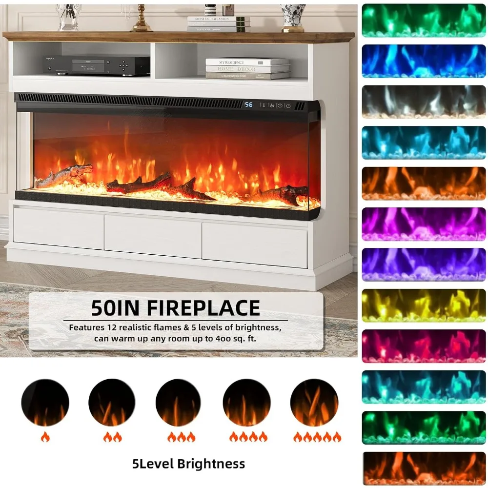 حامل تلفزيون مدفأة كهربائية 50 من Ever Winner مع إدخال زجاجي ثلاثي الجوانب و3 أدراج مركز ترفيه #3