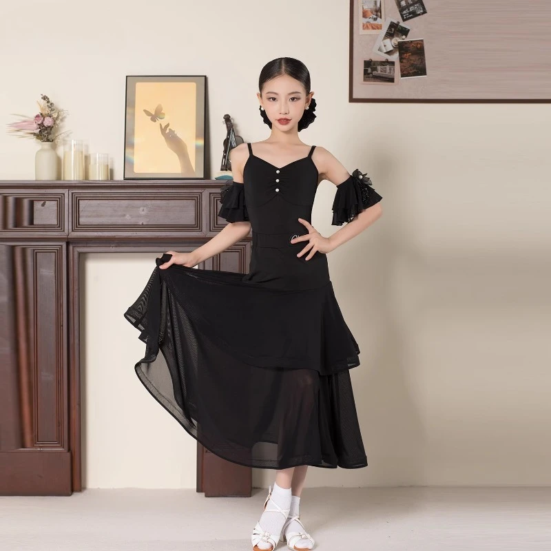 

customized Latin dance costume for girls and children suspender top modern long skirt professional practice performance outfit