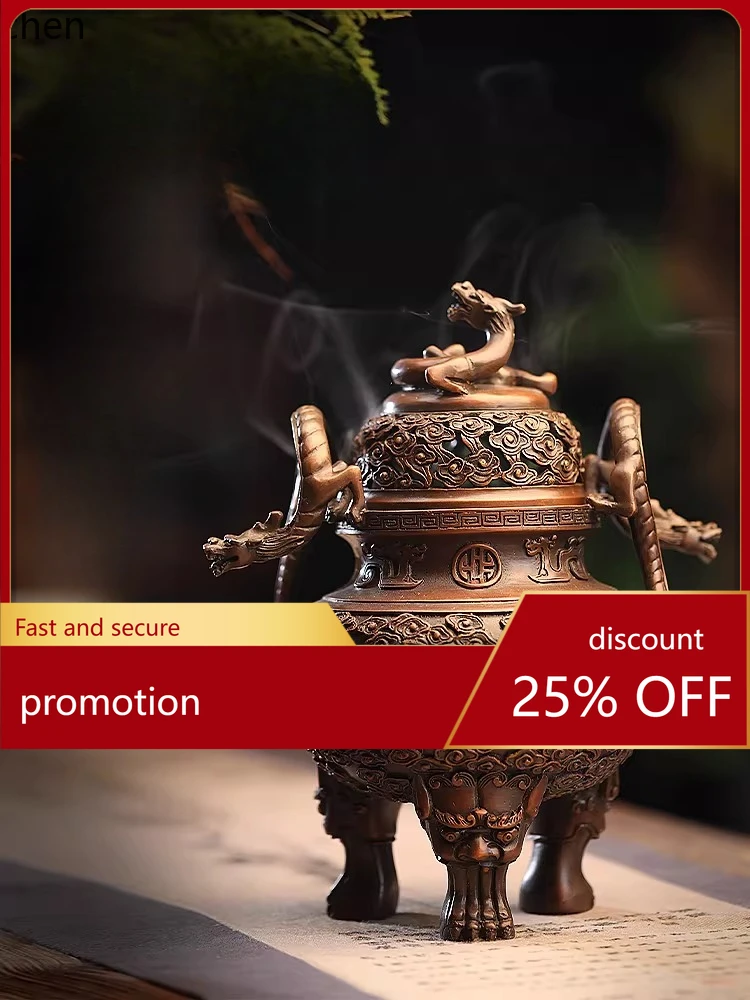 Cz large pure copper dragon hollow plate incense burner retro handmade sandalwood plate incense aromatherapy burner three-legged