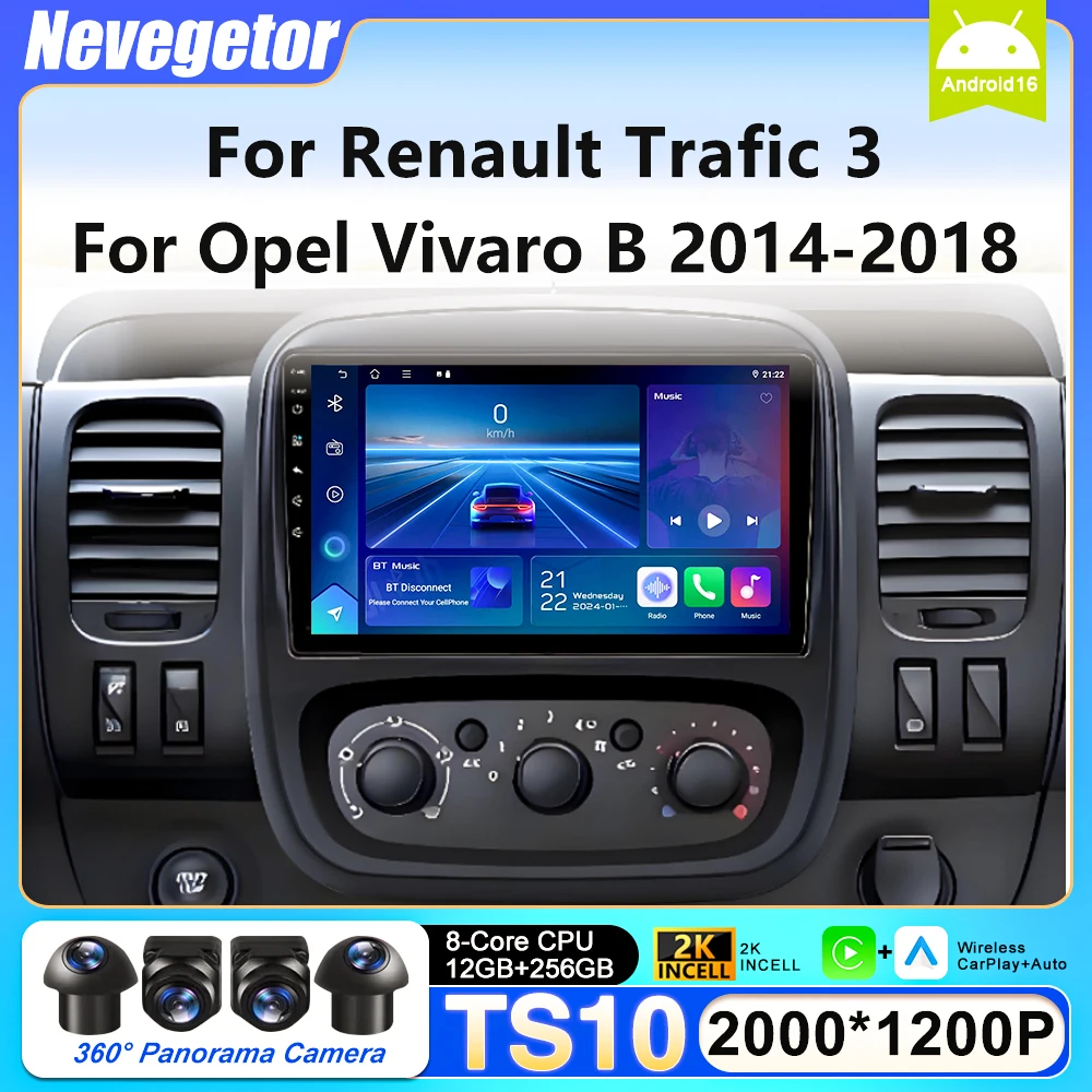 Rádio Automotivo Android 16 para Renault Trafic 3 para Opel Vivaro B 2014-2018 Reprodutor Multimídia de Vídeo Carplay Tela Sensível ao Toque Wifi 5G 2 din