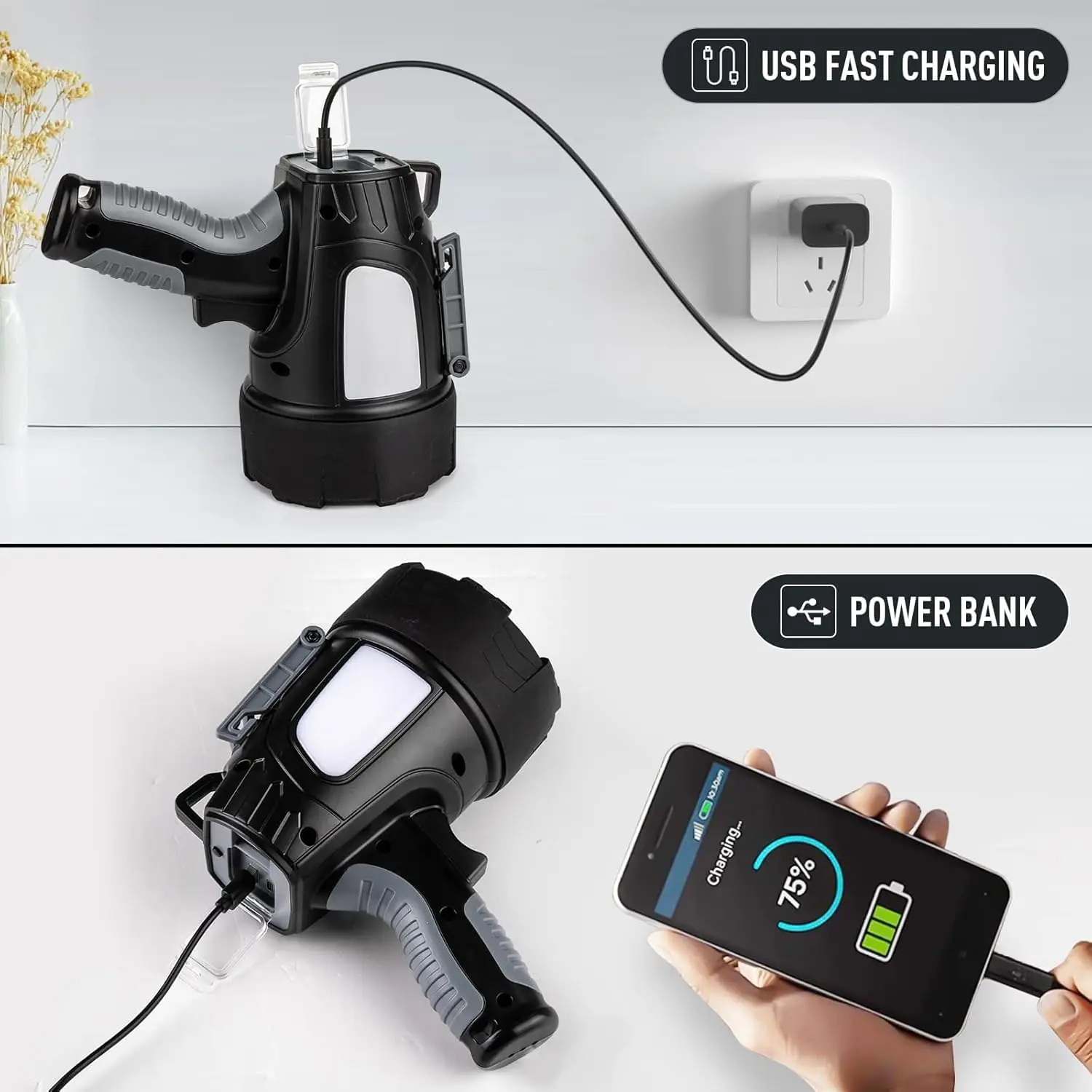 Rechargeable 90,000 Lumens LED Spotlight with COB Light & Tripod, Waterproof Outdoor Flashlight for Marine Boating Hunting