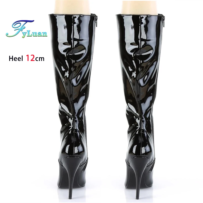 

Black Mid-calf Boots For Women Lace-up Fetish Shoes Gladiator Fashion Pointed 12CM Stiletto Boots Stripper Heels Plus Size 45 46