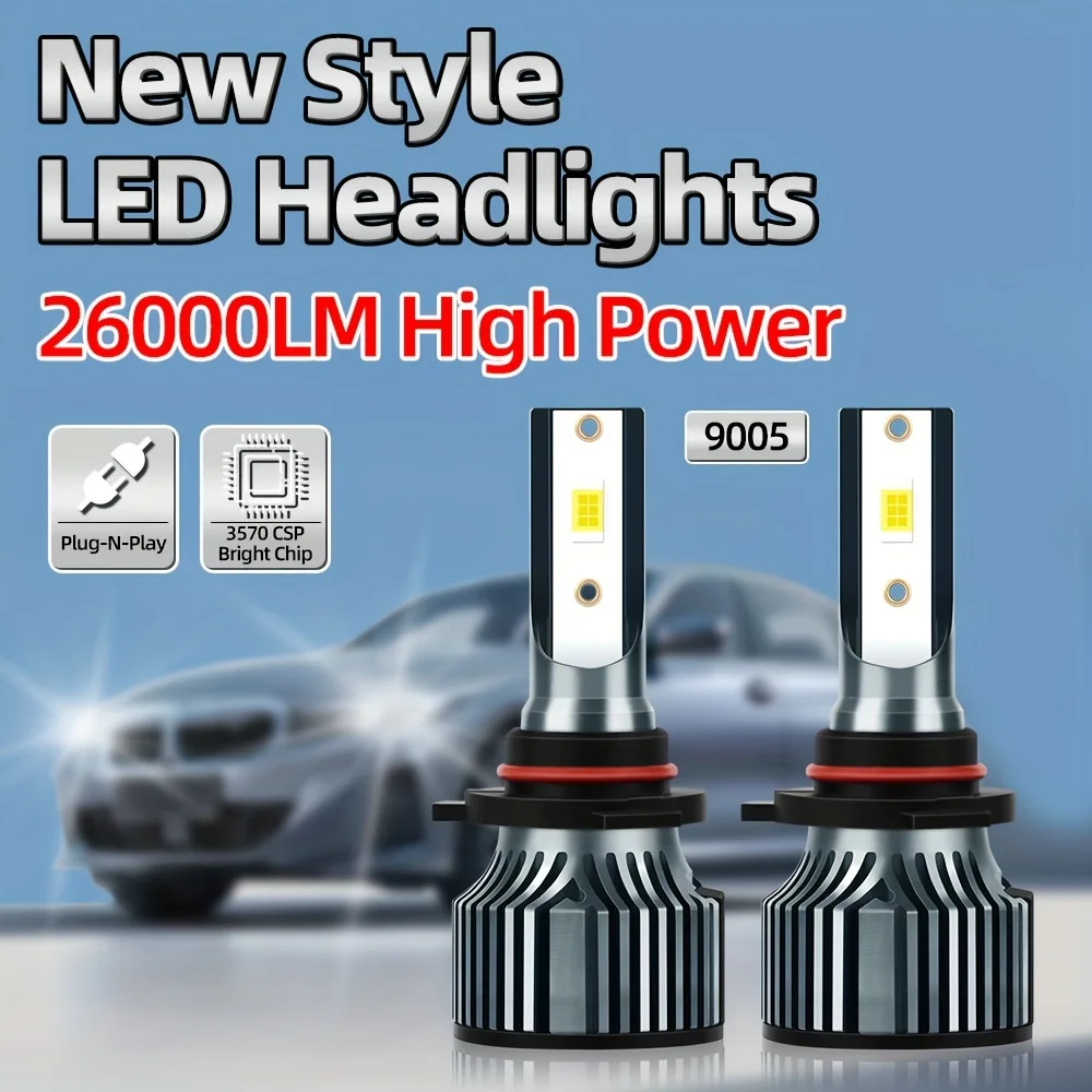 

2pcs Super Bright 9005 Car LED Headlights, 26000LM 6500K Ultra-white 600% Brightness Two-side CSP Bright Chip, Silent Fan