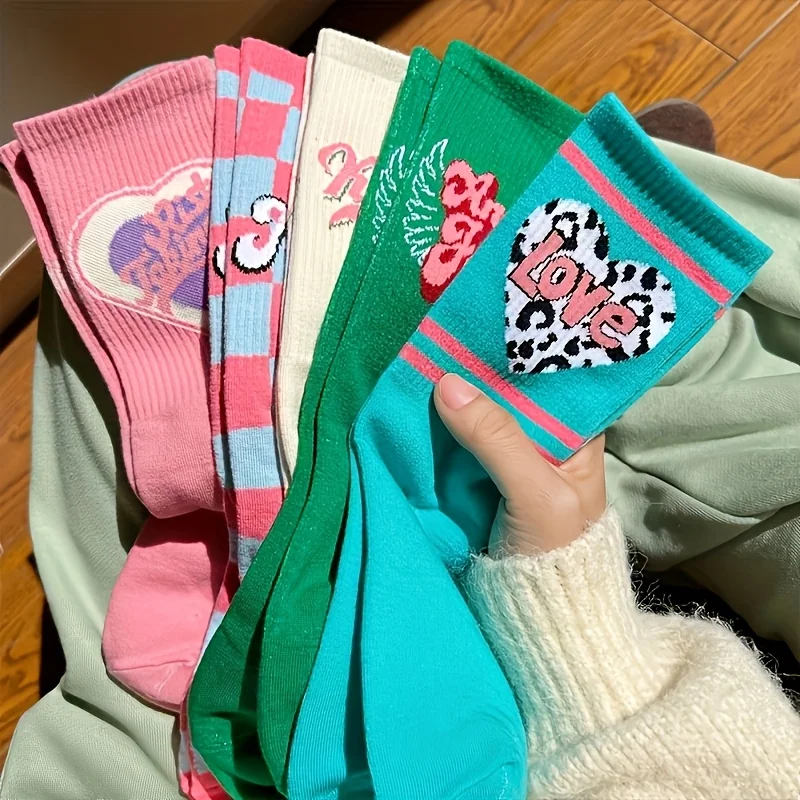5 Pairs Of Women's Seasonal Trendy Sweet Love Strawberry Flower Print Versatile Fashion Letter Long Tube Casual Sports Socks