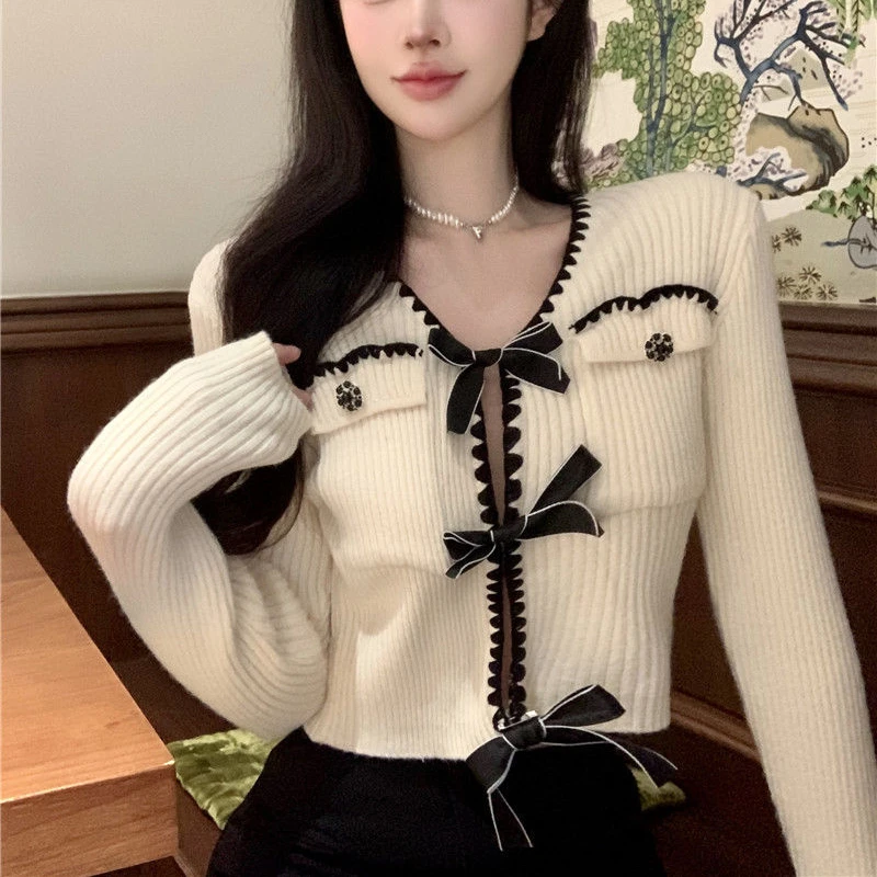 Bow Cardigan Women Japanese Style Retro Elegant Cropped V-neck Slim Solid Full Sleeve Mori Girl  Autumn Fashion Knitwear