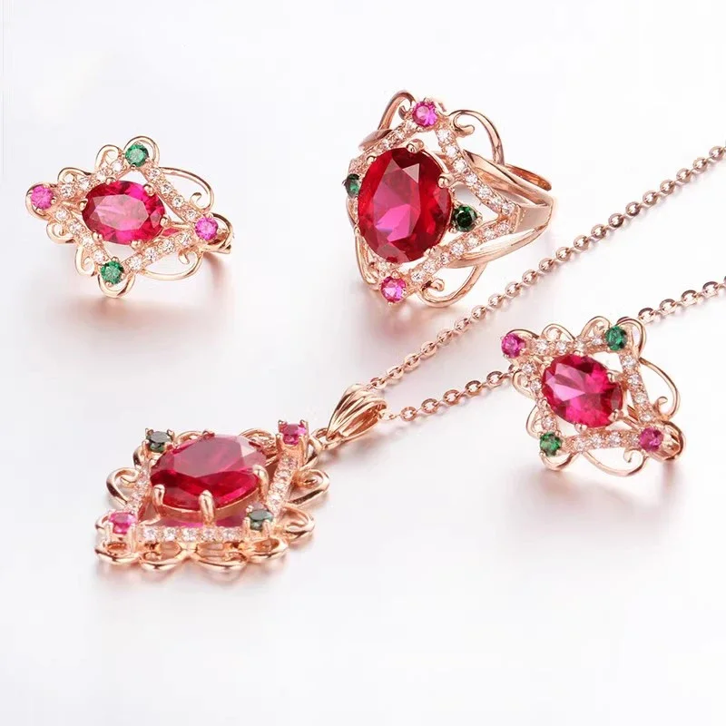 Fashionable luxury inlaid color crystal rhombus Jewelry Sets 585 purple gold ruby Earrings for Women rings plating 14K rose gold