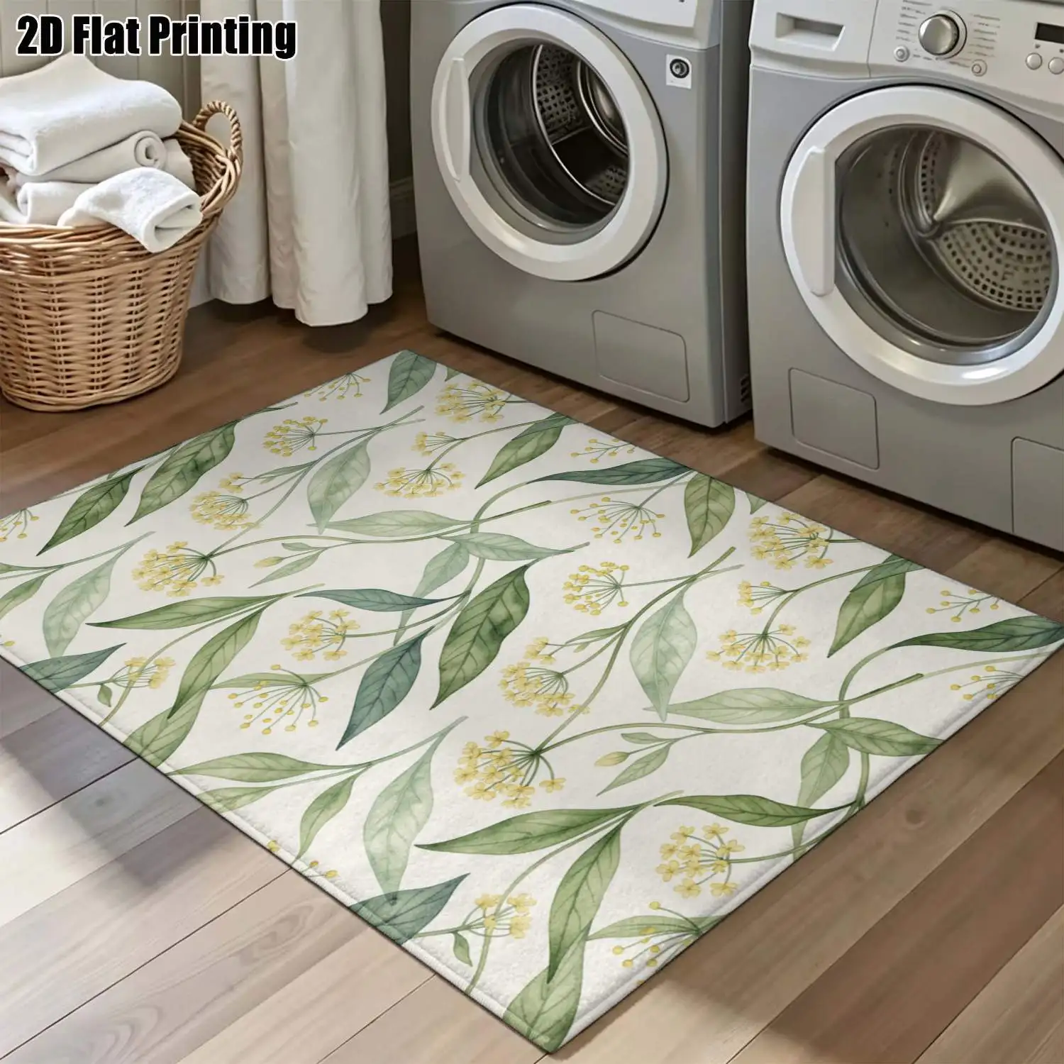 1Pc 2D Printed Nordic/Instagram Style Carpet with Light Green Branches, Leaves & Yellow Floral Patterns, Machine Washable, Multi-Size, Perfect for Home Decor, Multi-Scene Use