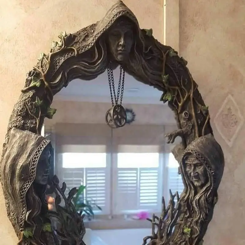 Celtic Sacred Moon Triple Goddess Mother Maiden Crone Wall Hanging Mirror With Pentagram Amulet Pendant Plaque Decor