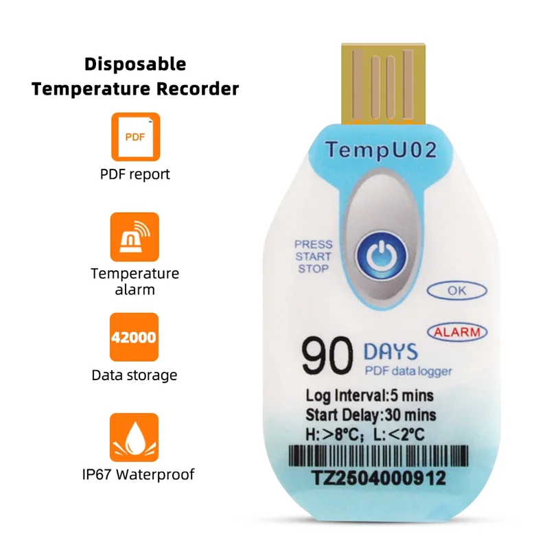 A92Z Disposable 90 Days USB Temperature Data Logger Waterproof Temp Recorder PDF Datalogger Food Seafood Transport