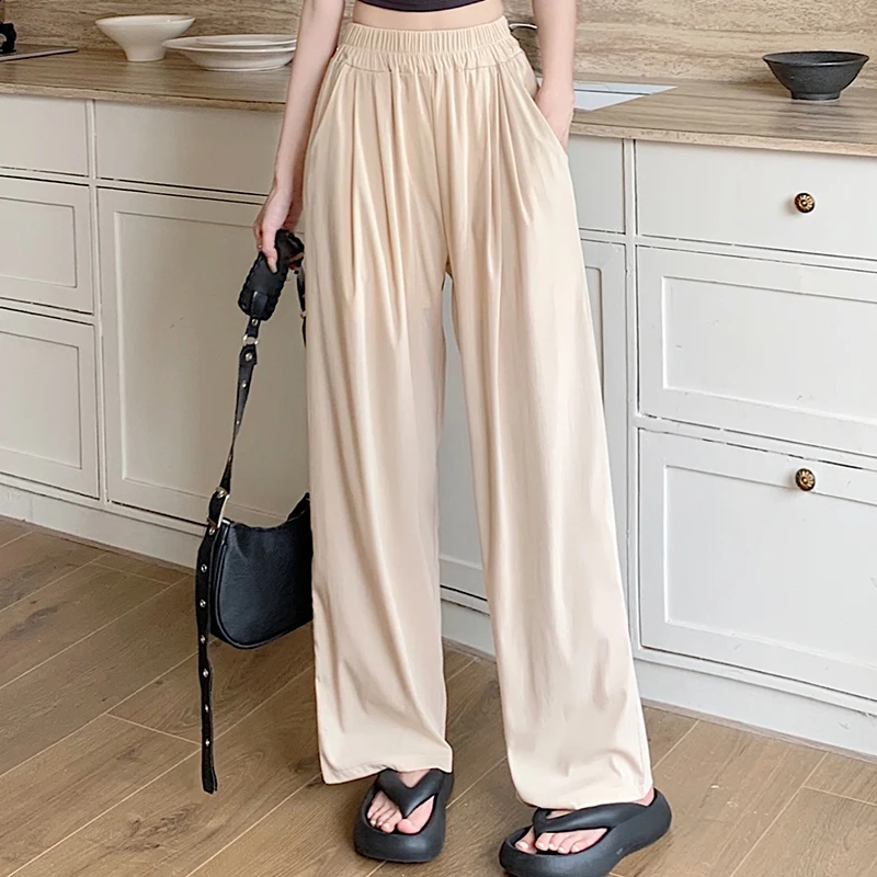 Women Korean Loose Grunge Wide Leg Trousers Lady Fashion High Waisted Elastic Pants Female Casual Black Gray Apricot Pink Slacks