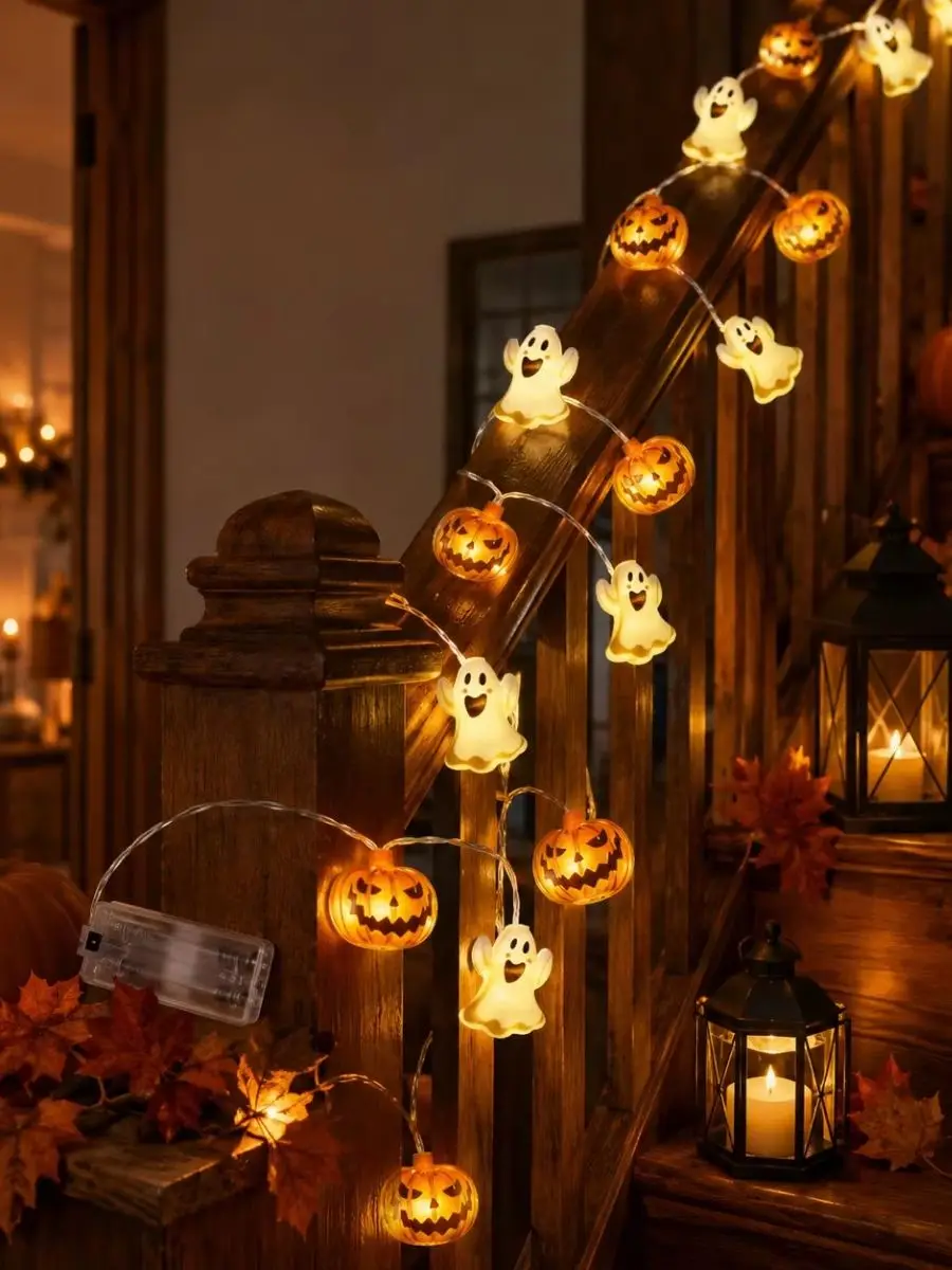 1 Stück 10/20 LED Halloween Geister- & Kürbis-Lichterkette, gemischte Formen, LED-Lichterkette für Zuhause, Terrasse, Bar, Gothic-Feiertagsparty-Dekoration
