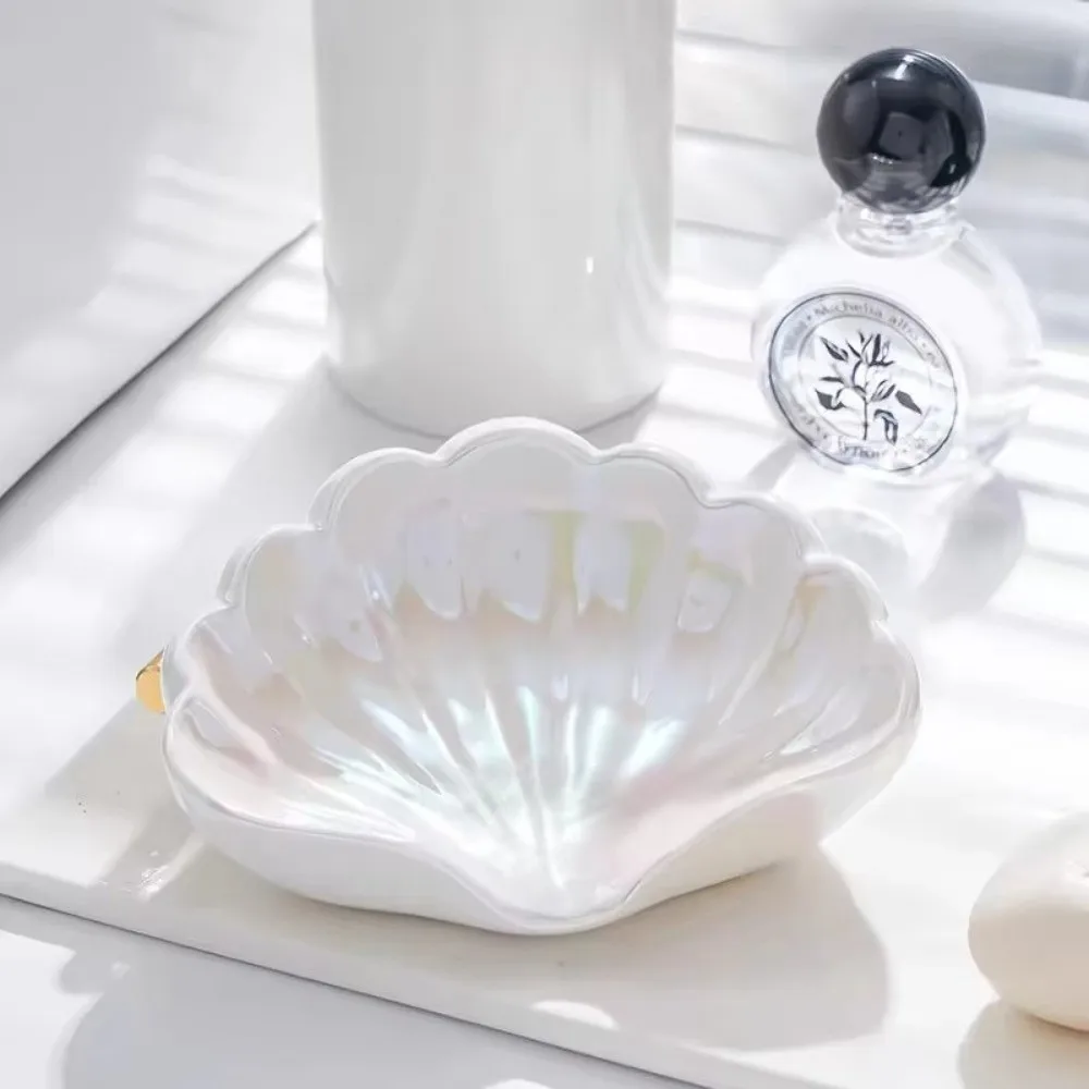 Fashion Shell Shaped Soap Dish Box Ceramic Portable Desk Jewelry Display Tray Drain Rack Waterproof Soap Holder