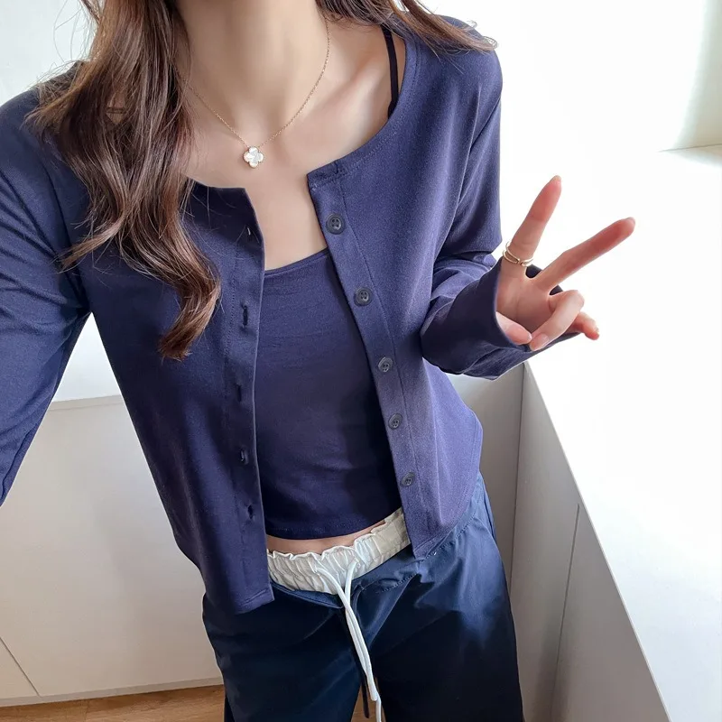 Women Modal Short Cardigan Thin Sun Protection Air Conditioning Coat Minimal Versatile Elegant Summer Long Sleeve Outerwear
