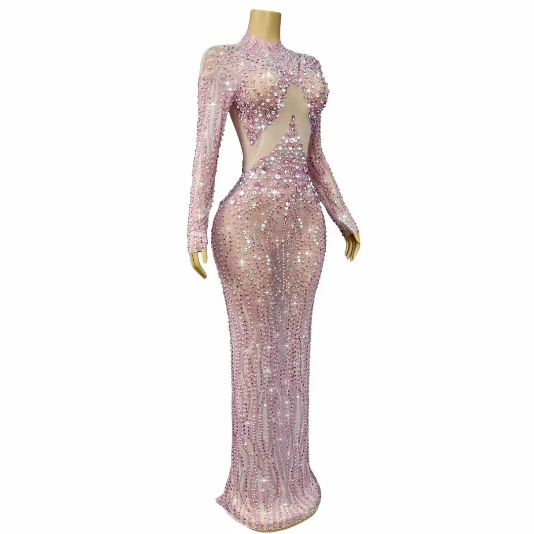 Fennvlang Luxury Dubai Evening Dress Pink Rhinestone See Through Mesh Long Party Dress Prom Wedding Cocktail Party Gowns