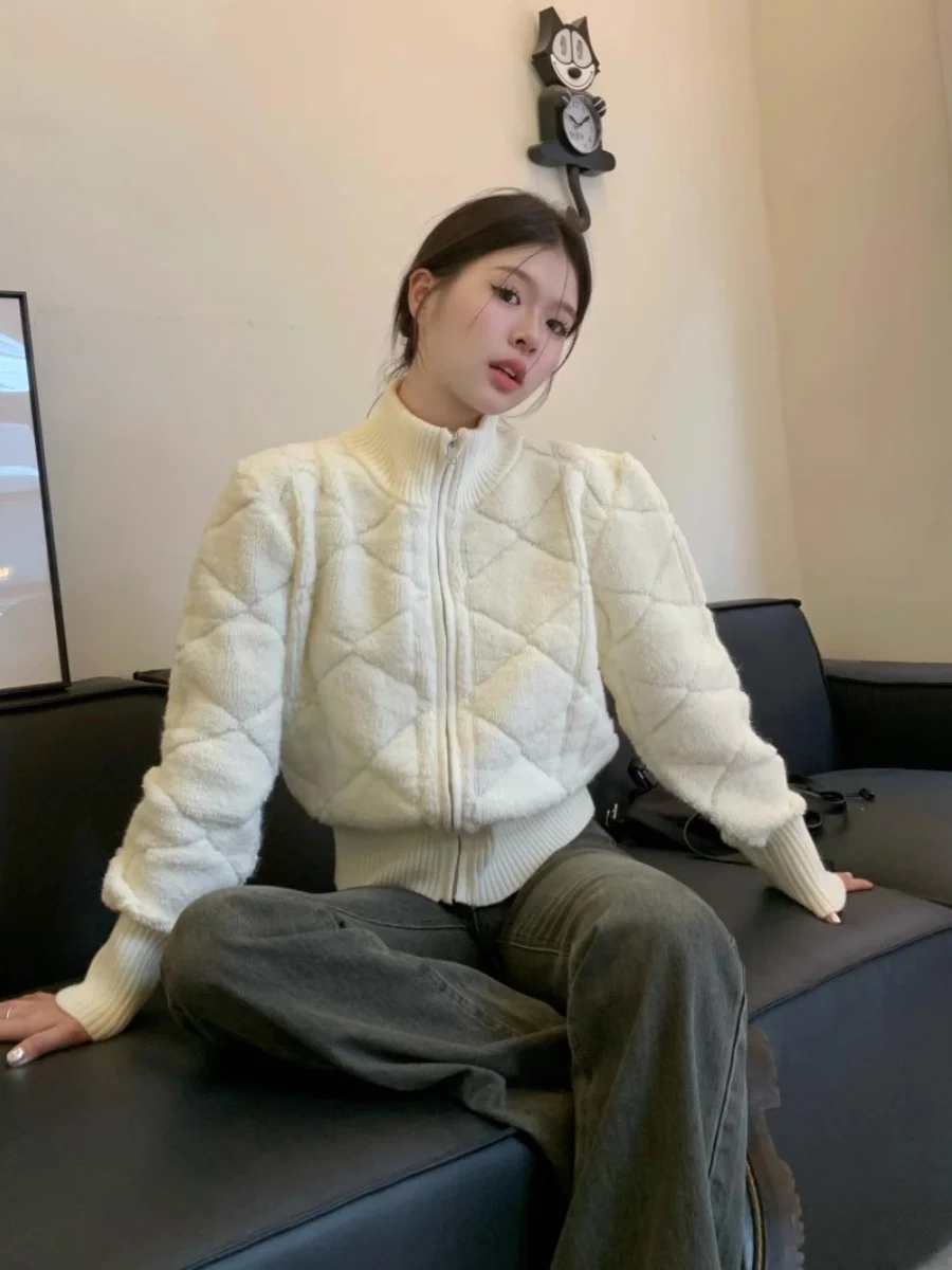 เสื้อคาร์ดิแกนไหมพรมถักแบบมีซิปสำหรับผู้หญิง คอตั้ง สวมใส่สบาย เหมาะสำหรับฤดูใบไม้ผลิ ฤดูใบไม้ร่วง และฤดูหนาว ทรงหลวม ยาว