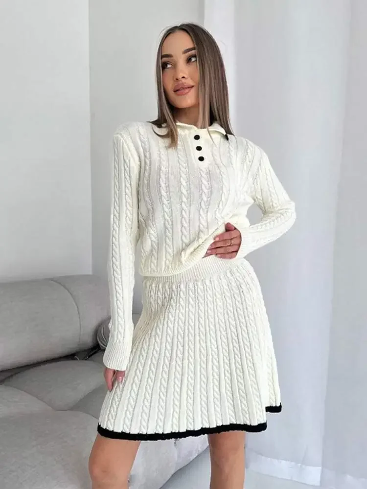 

Elegant Women Contrast Color Knitted Mini Skirt Sets Fashion Lapel Slim Long Sleeve Tops Suits 2024 New Lady Street Outfits ﻿