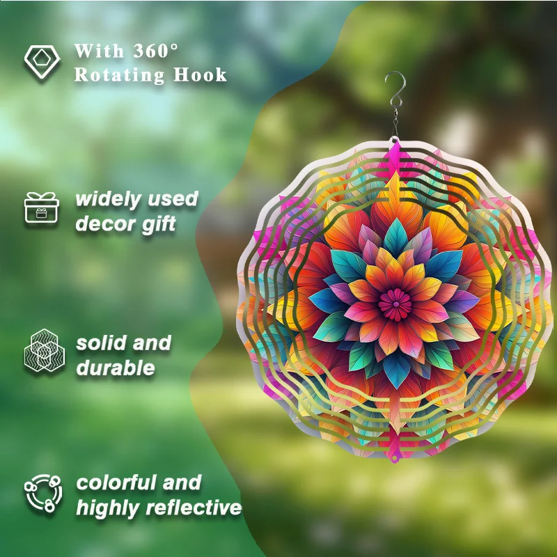 Colorful Mandala Wind Spinner - 360° Rotating Metal Garden Decoration, Outdoor Hanging Wind Chime with Hook for Yard & Patio