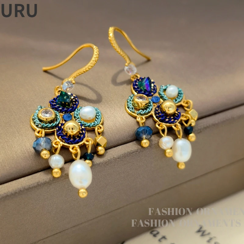 

Trendy Jewelry 2024 Trend New High Quality Brass Metal Blue Bead Simulated Pearl Dangle Earrings For Women Girl Gift Hot Sale