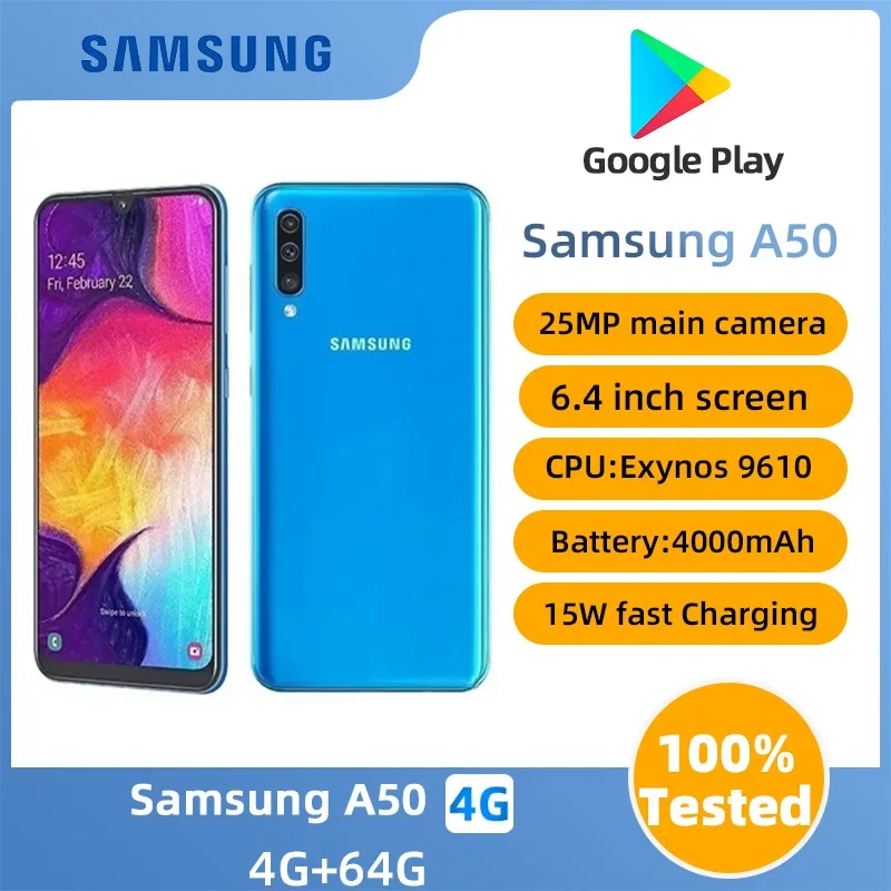 Samsung  Galaxy A50 4G  SmartPhone Exynos 9610  4RAM 64G ROM  6.4inch 4000mAh 25MP Cameras Android  Used Phone