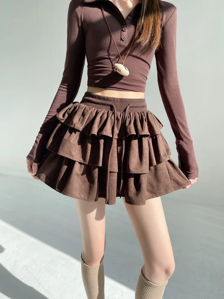 Falda de gamuza informal Retro americana para mujer, vestido de baile escolar elástico de cintura alta, faldas cortas con volantes para mujer