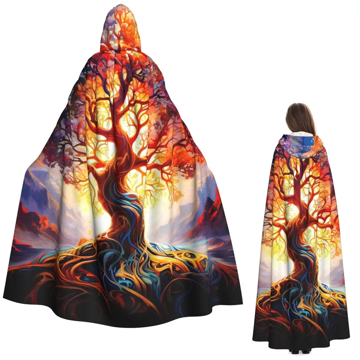 The Tree Of Life Long Hooded Cloak Witch Medieval Costume Cosplay Cape HalloweenCoat Adult Unisex