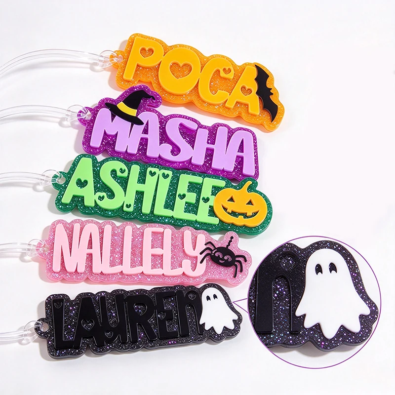 Cute Halloween Custom Name Glitter Acrylic Keychain Ghost Pumpkin Spider Shape Personalized Nameplate Tag Keyring Bag Charm