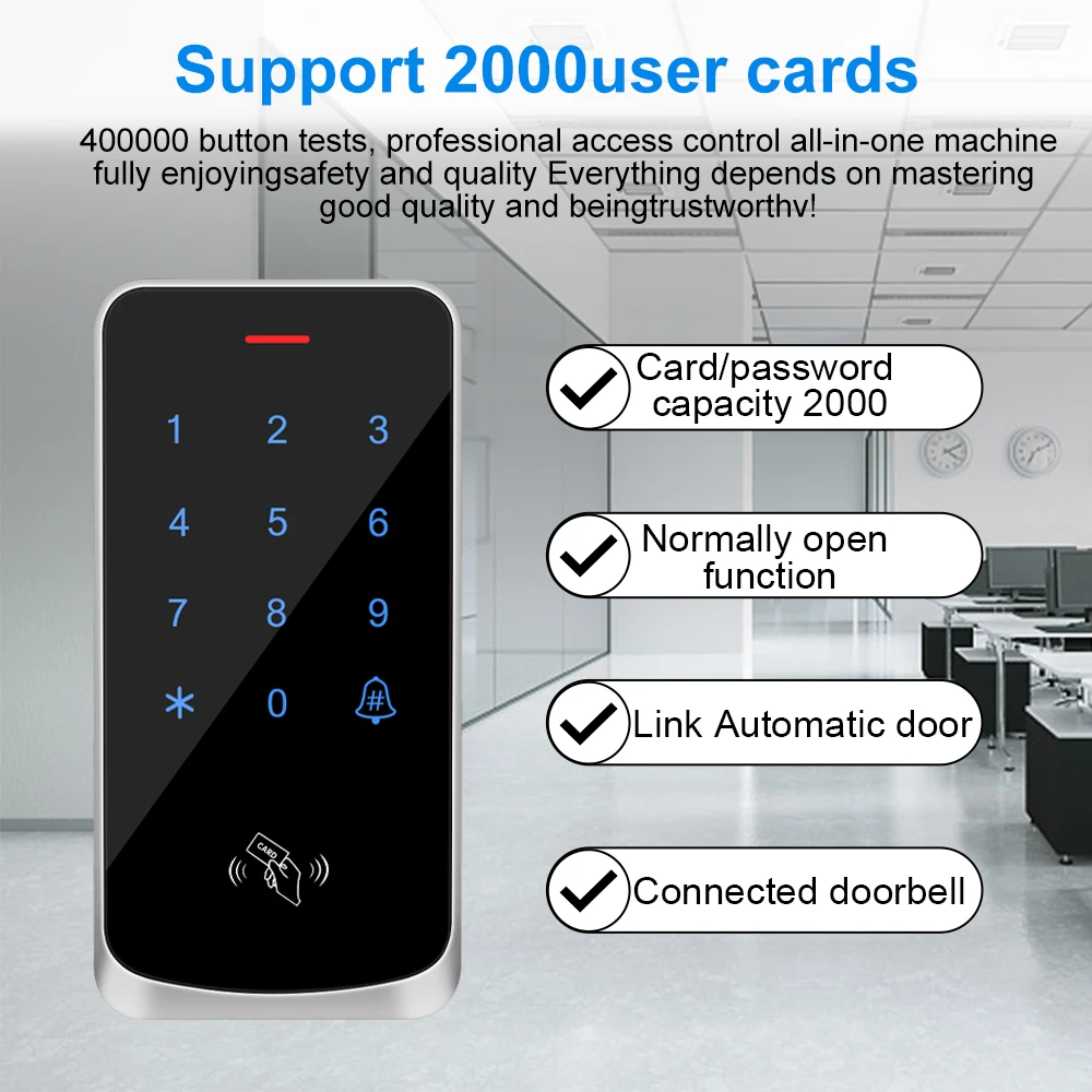 Control de Acceso RFID EM 125Khz, Teclado retroiluminado, pantalla táctil, controlador de acceso de puerta, lector de tarjetas Wiegand de 2000