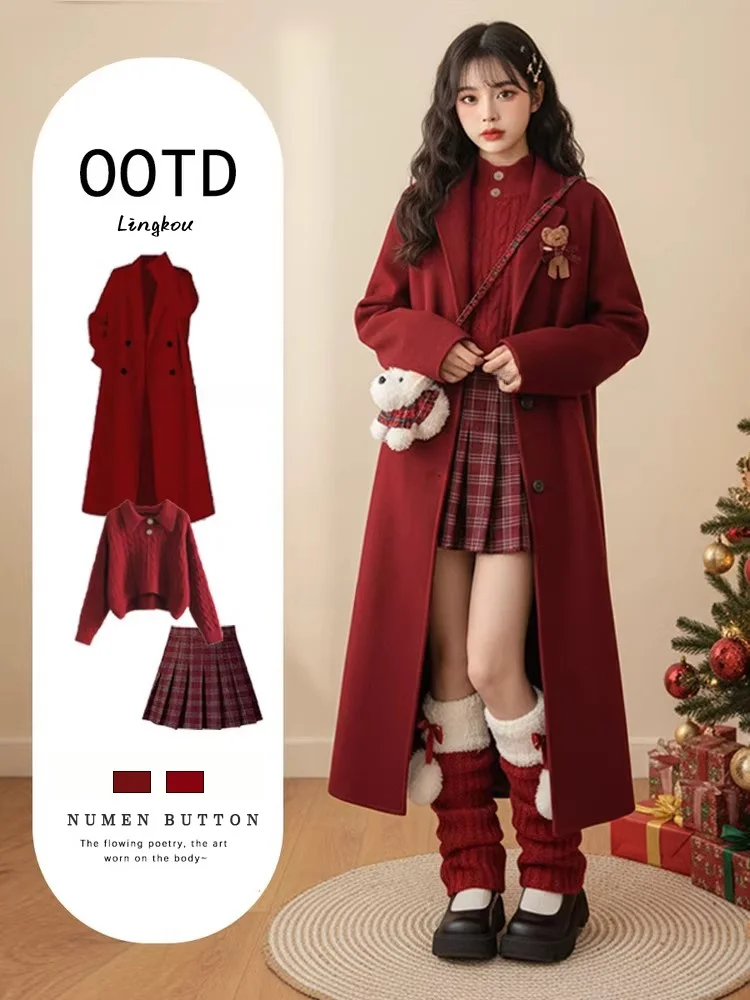 

Зимний вязаный свитер для женщин, клетчатая юбка Ele, новогодний наряд, футболка, ансамбль, возрастная красная юбка