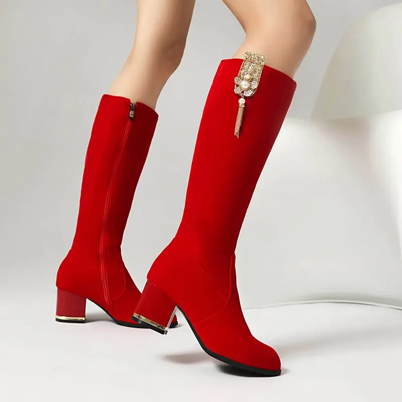 أحذية ORCHA LISA للنساء أحذية نسائية للركبة عالية من جلد الغزال بمقدمة مستديرة وكعب عريض مقاس 43 أحذية عصرية للسيدات أحذية شتوية #1