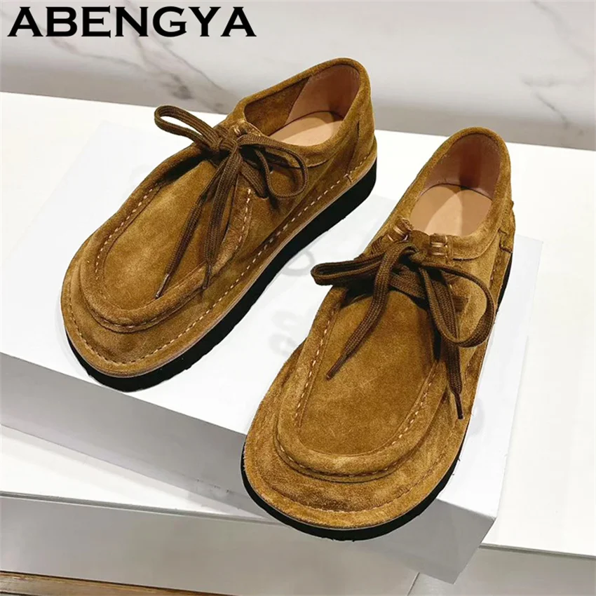 

100% Suede Suede Leather Lace Up Loafers Shoes Women & Men Nude Round Toe Casual Flat Shoes Moccasins Lady Driving Shoes Women