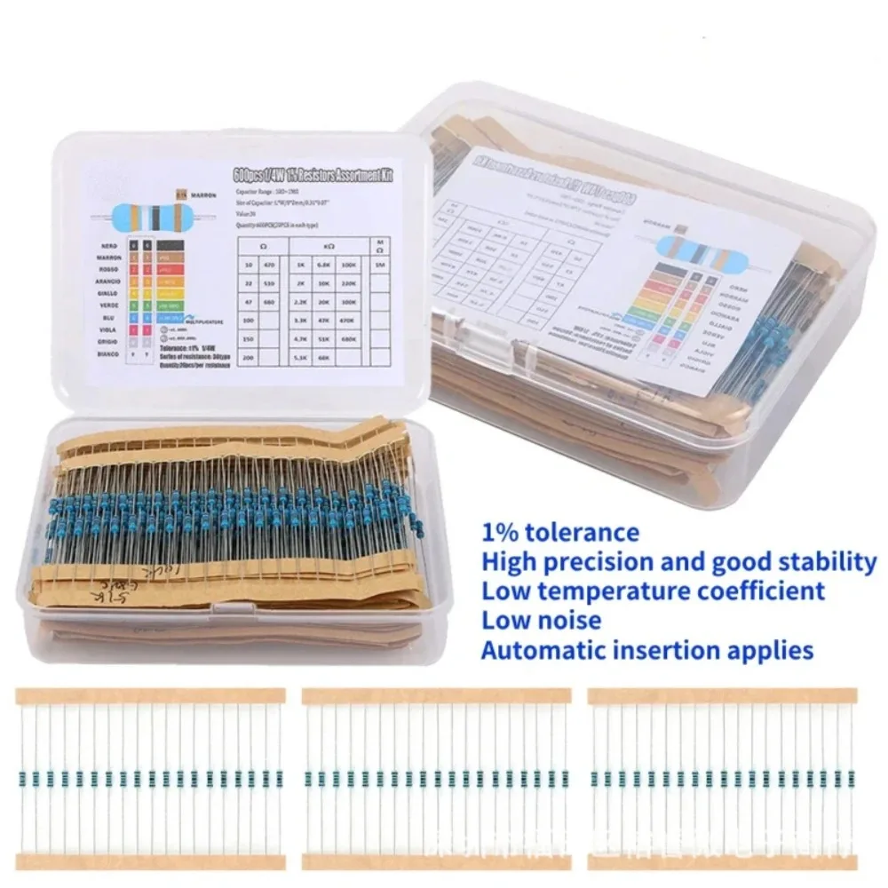 

600PCS 1/4W Metal Film Resistor Kit - 1% Precision, 10R-1M Resistance (30 Values, 20PCS Each). Available in Bagged